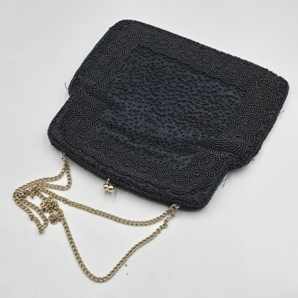 Vintage‎ Black Beaded Evening Bag Clutch Gold Chain Kiss Lock Made in Korea